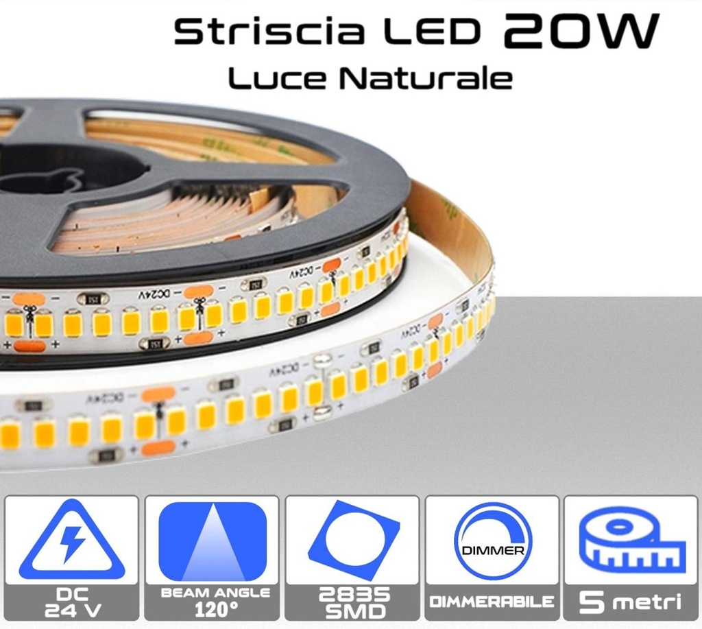 Strip LED 20W Luce naturale 4000K da 5 metri 24V dimmerabile IP20 - 2050 lumen/metro