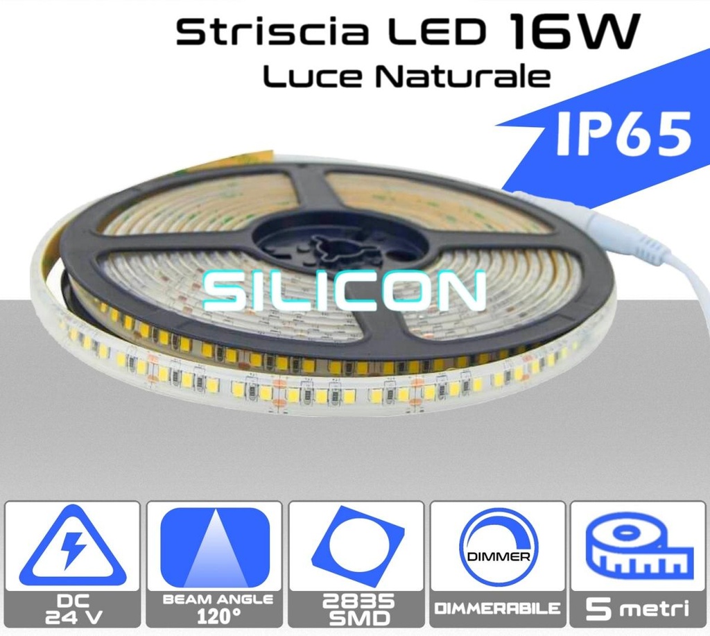 Strip LED 16W silicon Luce naturale 4000K da 5 metri 24V dimmerabile IP65 - 1440 lumen/metro