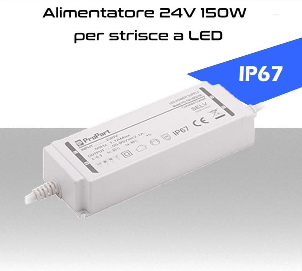 Alimentatore per LED 24V da 150W IP67 per esterno trasformatore universale