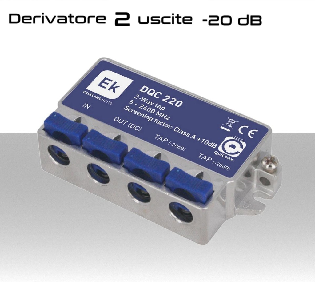 Derivatore antenna 2 uscite -20dB ad innesto rapido con 1 via passante DC schermato in classe A per banda TV e Satellite di Ekselans by ITS