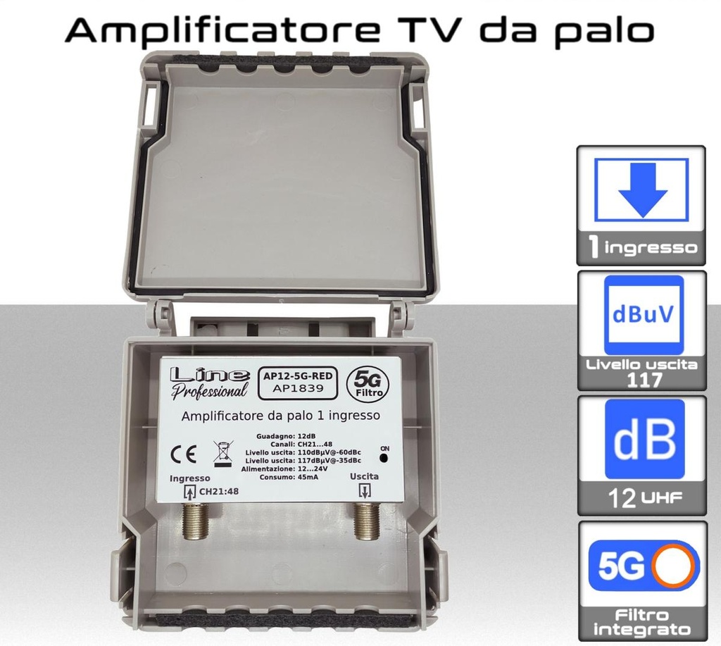 Amplificatore antenna TV 1 ingresso UHF 12dB AP12