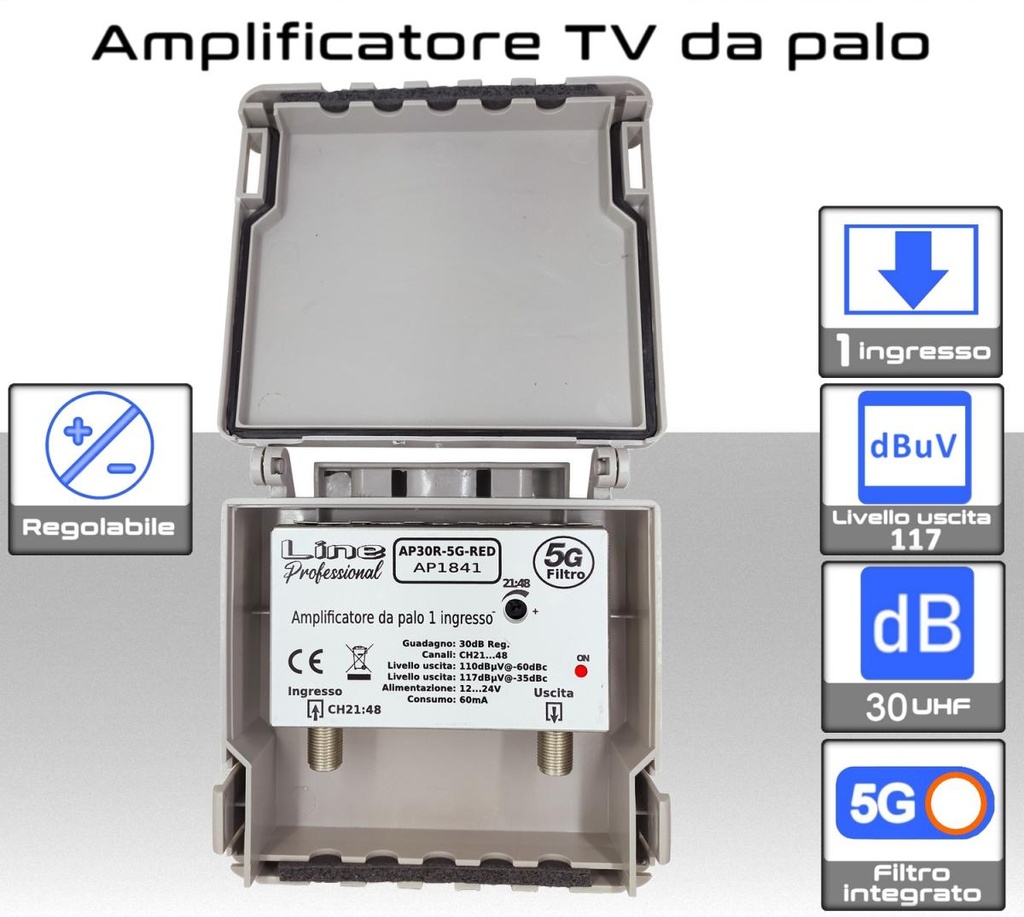 Amplificatore antenna TV 1 ingresso UHF 30dB regolabile AP30R