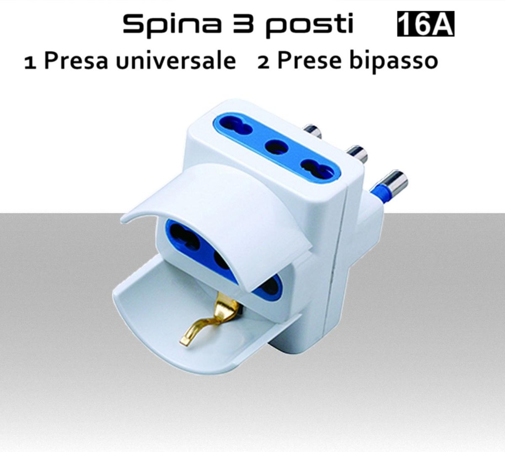 Adattatore Spina italiana s17 con 1 presa schuko 2 prese bipasso 10A 16A