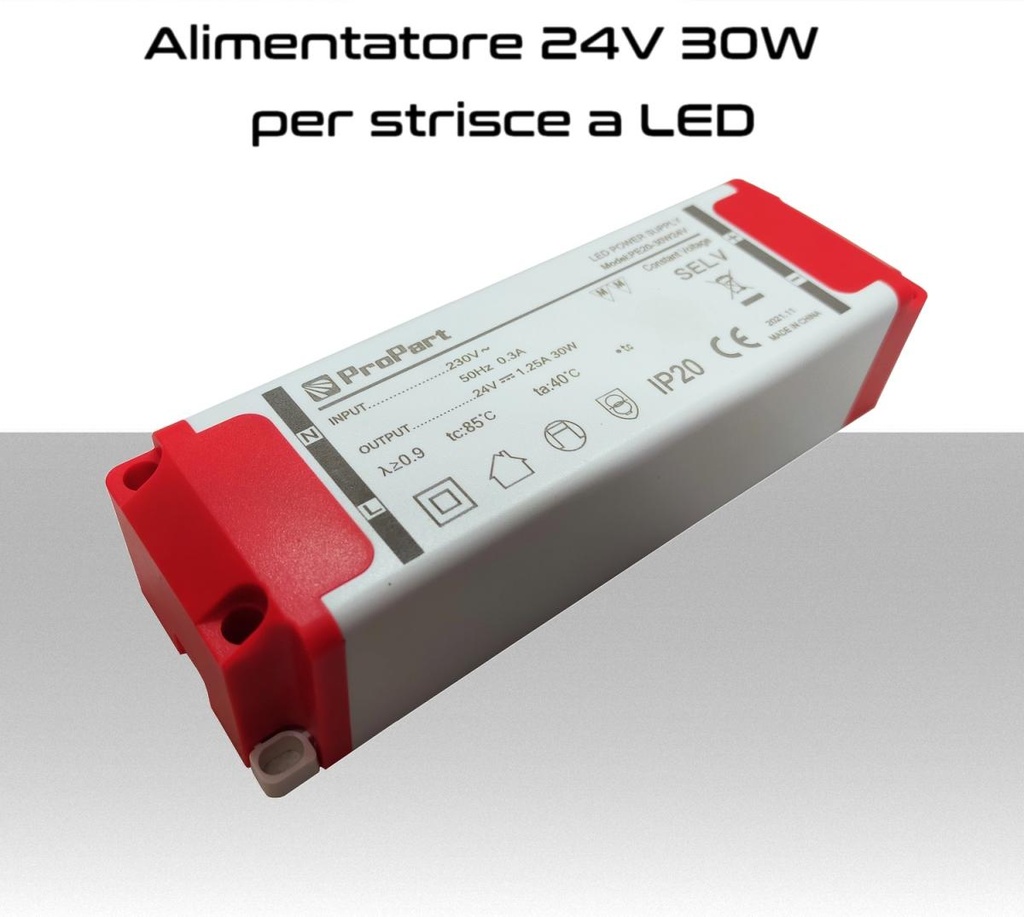 Alimentatore per LED 24V da 30W IP20 per interno trasformatore universale