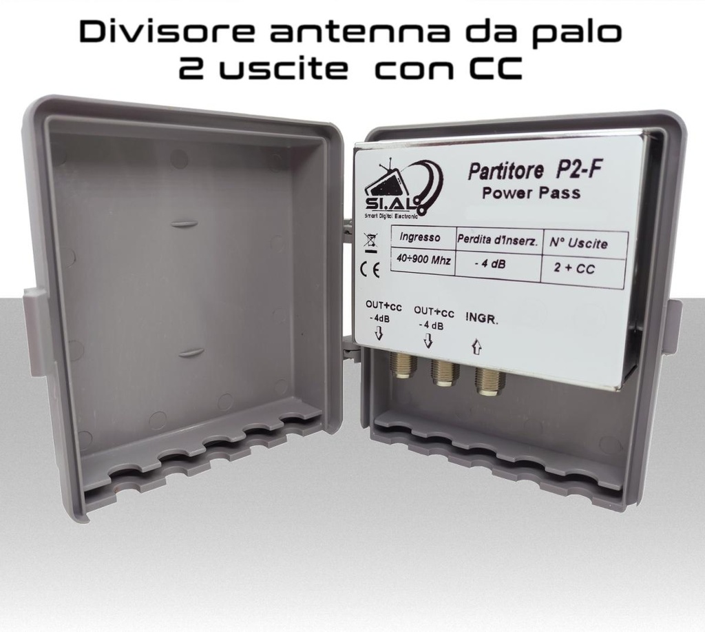 Partitore antenna TV 2 uscite da palo divisore con passaggio CC su due uscite