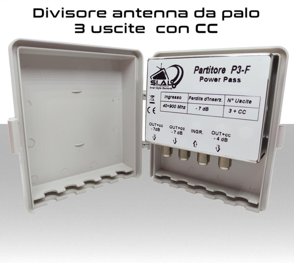 Partitore antenna TV 3 uscite da palo divisore con passaggio CC su tre uscite