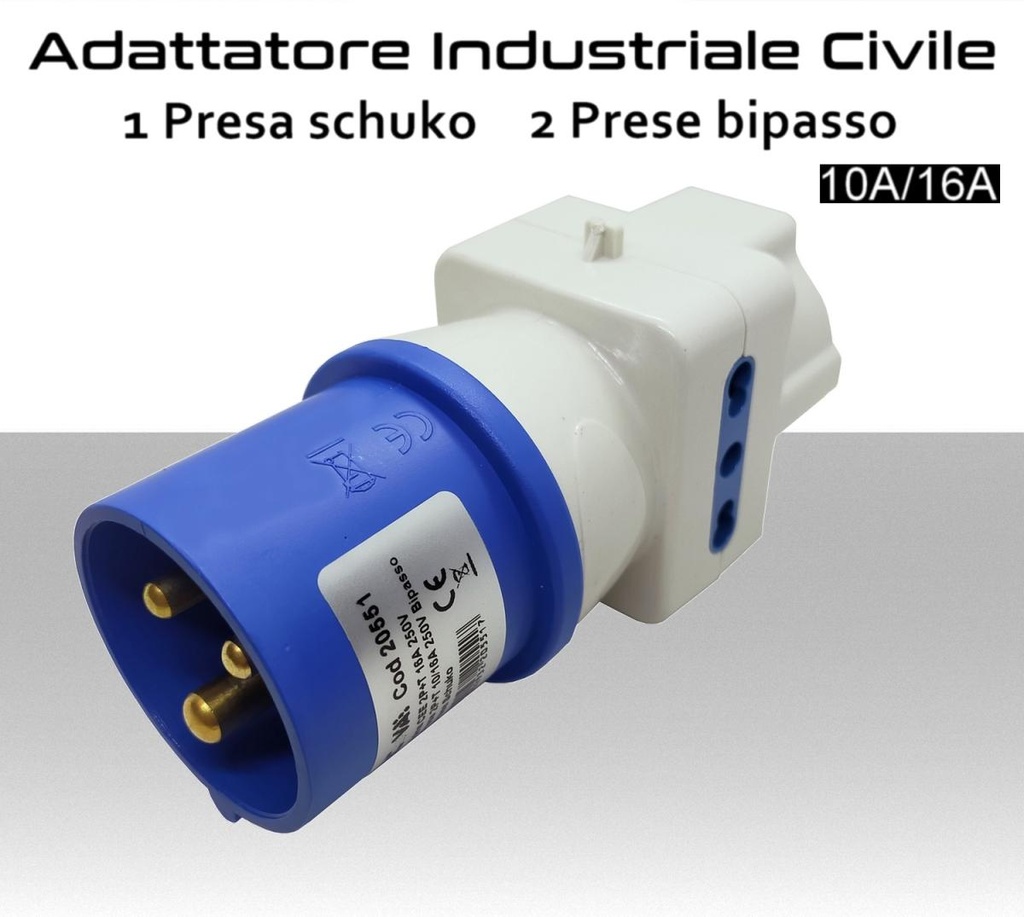 Adattatore spina industriale CEE con 2 prese civile Bipasso ed 1 schuko  tedesca 10A 16A tensione 220V-250V