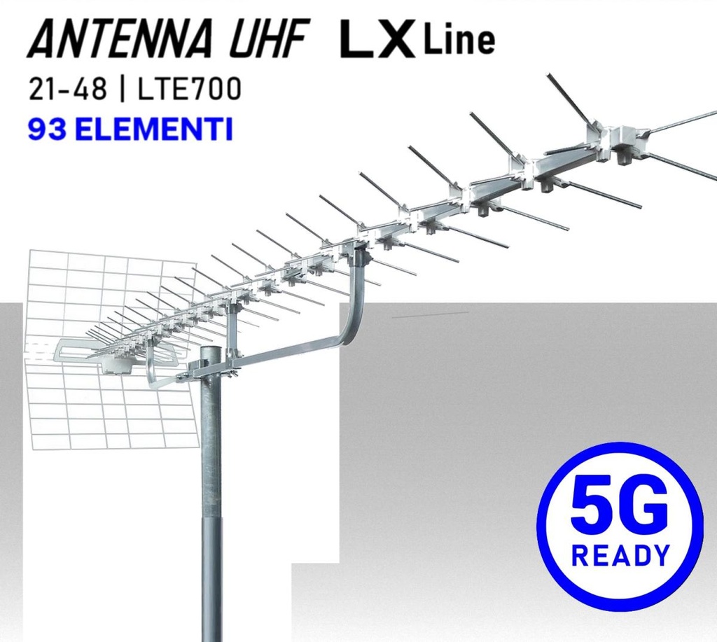 Antenna YAGI CH 21:48 con filtro 4G + 5G Ready - Banda IV + V 93 ELEMENTI con connettore F filtro LTE700 5G - Emme Esse LxLINE 92LX45G