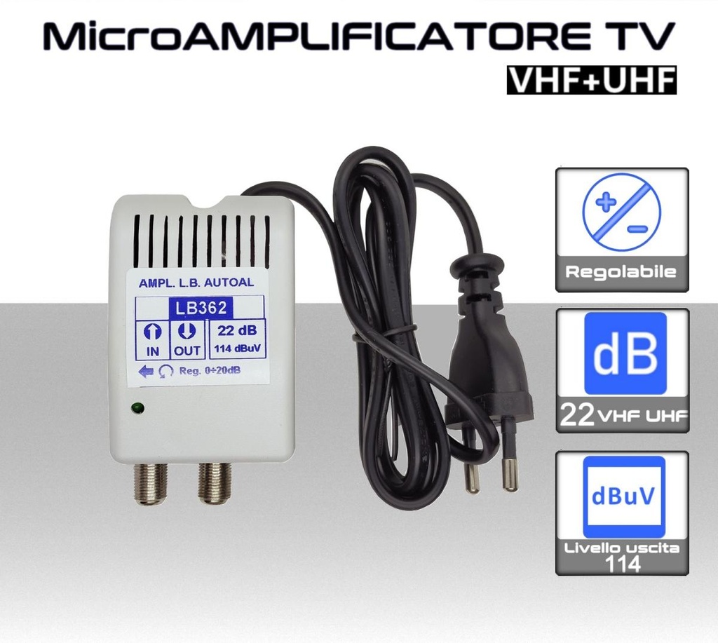 Amplificatore di linea antenna tv 22dB regolabile da interno autoalimentato larga banda 