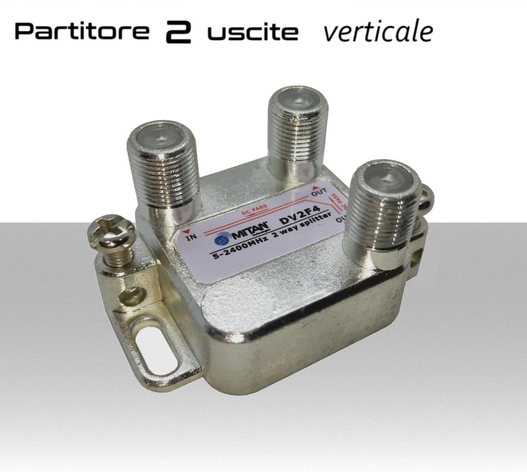 Partitore tv 2 uscite verticali a connettore F schermato in classe A divisore banda TV e Satellite Mitan DV2F4