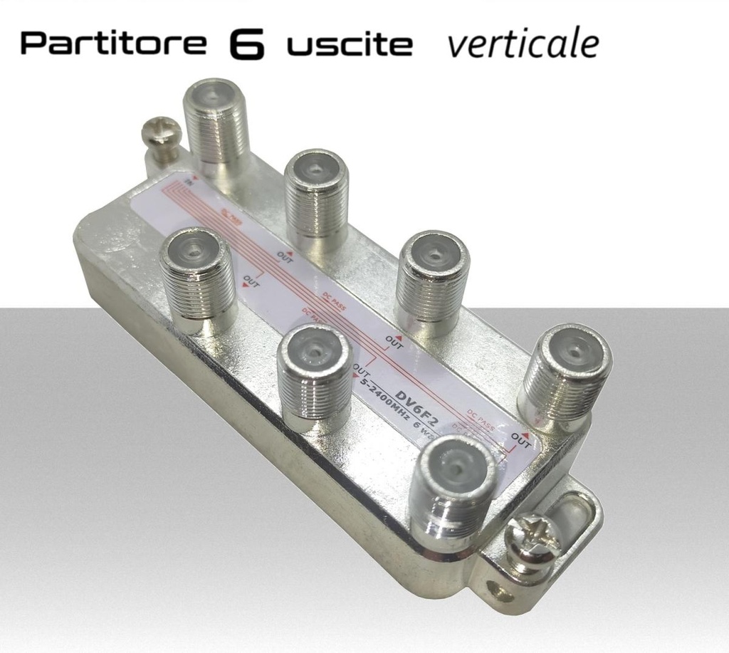 Partitore tv 6 uscite verticali a connettore F schermato in classe A divisore banda TV e Satellite Mitan DV6F2