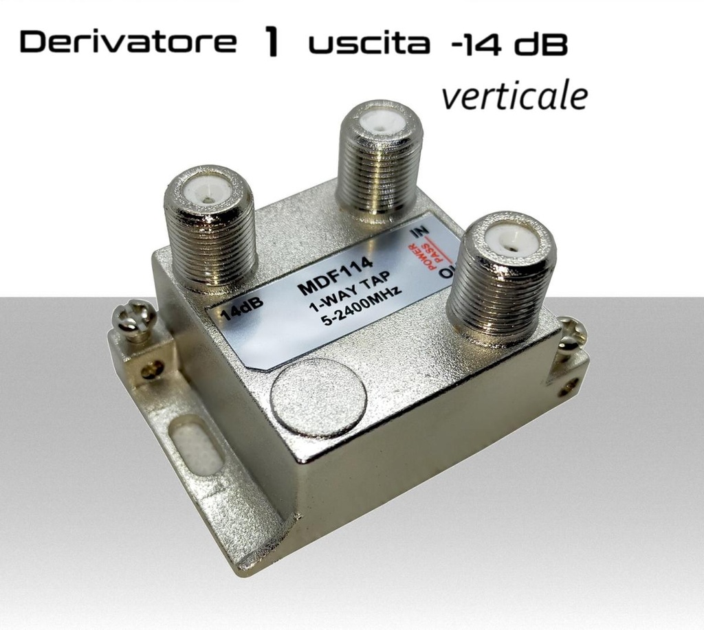 Derivatore antenna  1 uscita verticale attenuazione -14dB con 1 via passante DC schermato con connettore F per banda TV e Satellite mitan DF114