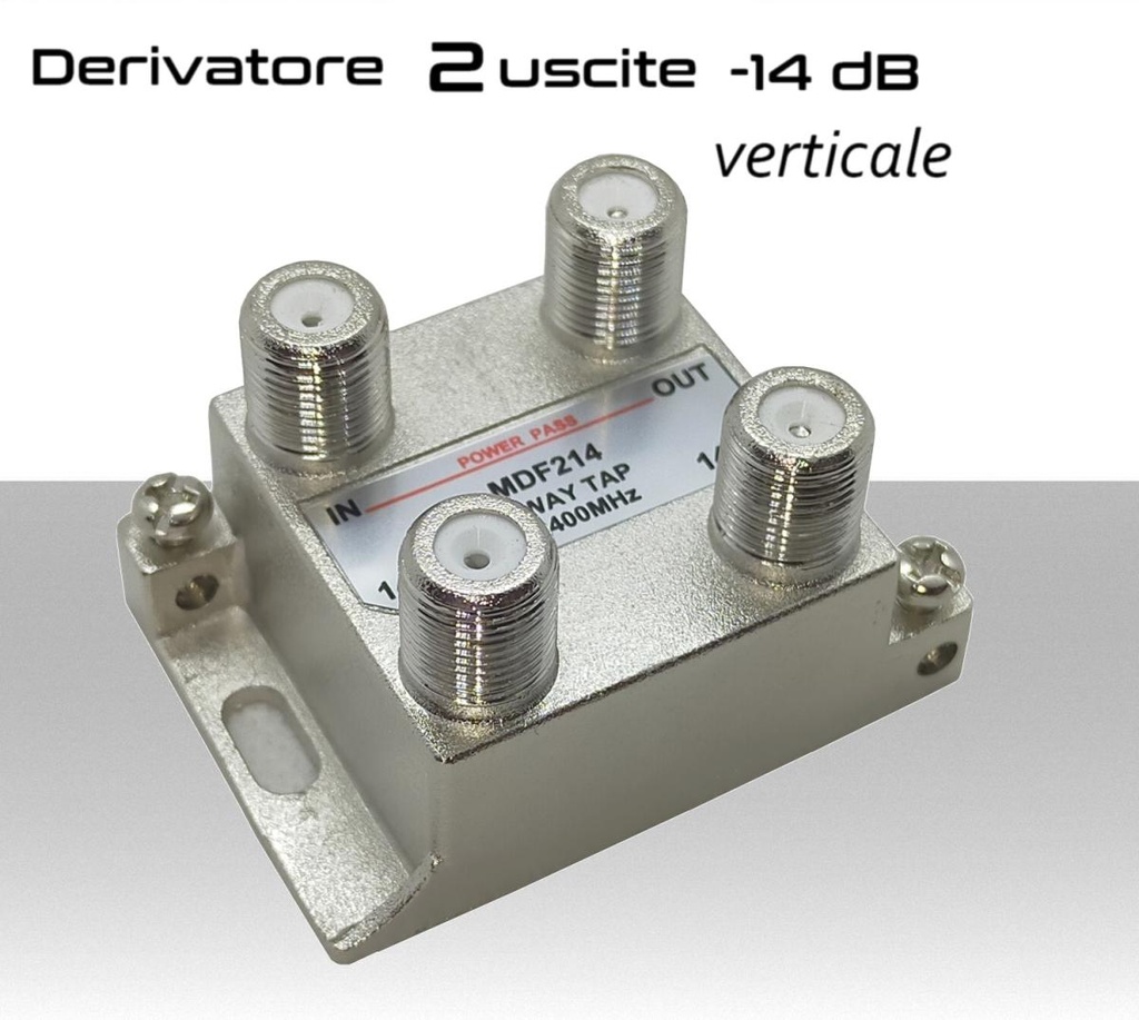 Derivatore antenna 2 uscite verticale attenuazione -14dB con 1 via passante DC schermato con connettore F per banda TV e Satellite mitan DF214