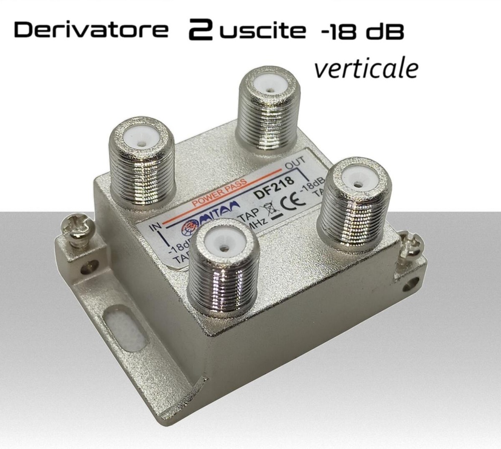 Derivatore antenna 2 uscite verticale attenuazione -18dB con 1 via passante DC schermato con connettore F per banda TV e Satellite mitan DF218