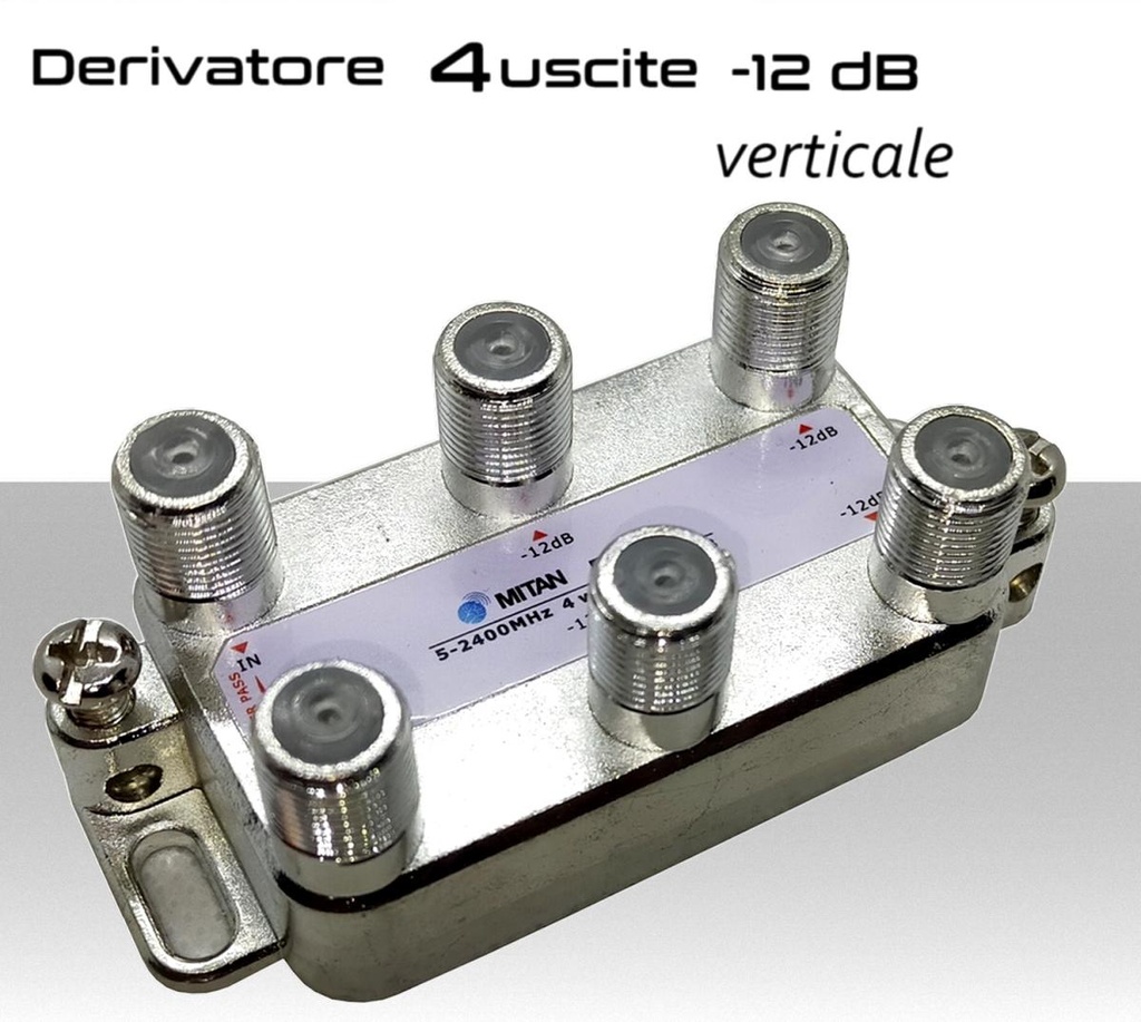 Derivatore antenna 4 uscite verticale attenuazione -12dB con 1 via passante DC schermato con connettore F per banda TV e Satellite mitan DF412