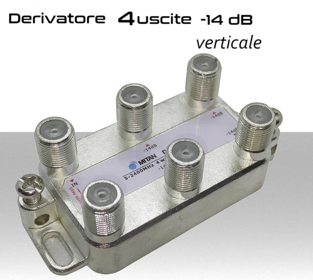 Derivatore antenna 4 uscite verticale attenuazione -14dB con 1 via passante DC schermato con connettore F per banda TV e Satellite mitan DF414