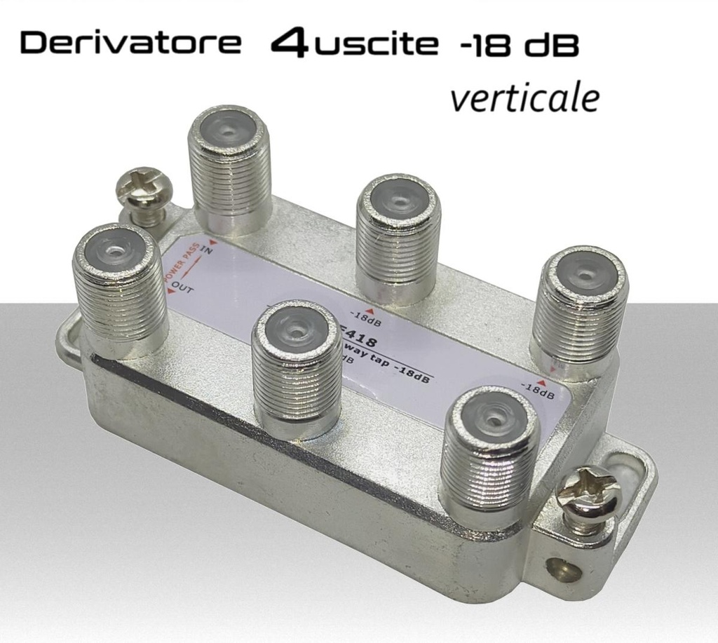 Derivatore antenna 4 uscite verticale attenuazione -18dB con 1 via passante DC schermato con connettore F per banda TV e Satellite mitan DF418