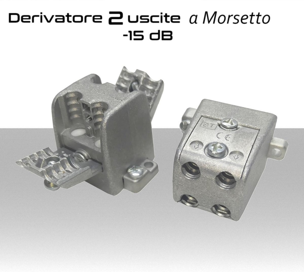 Derivatore antenna  2 uscite a morsetto attenuazione -15dB con 1 via passante DC schermato per banda TV e Satellite mitan ETD215