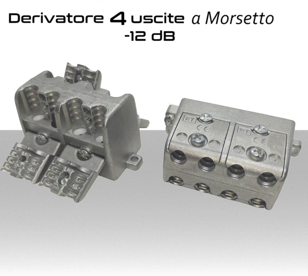 Derivatore antenna 4 uscite a morsetto attenuazione -12dB con 1 via passante DC schermato per banda TV e Satellite mitan ETD412