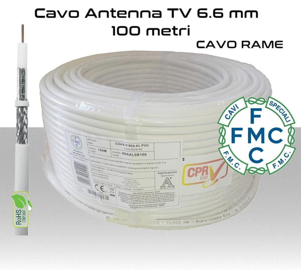 Cavo coassiale per antenna TV 6,6 mm in bobina 100 metri Rame e PVC bianco Micro TEK