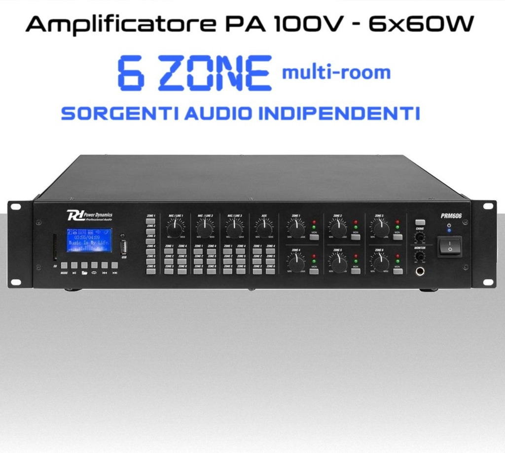 Amplificatore audio 6 zone a matrice 6X60W uscita altoparlanti (100V,4ohm,8ohm)