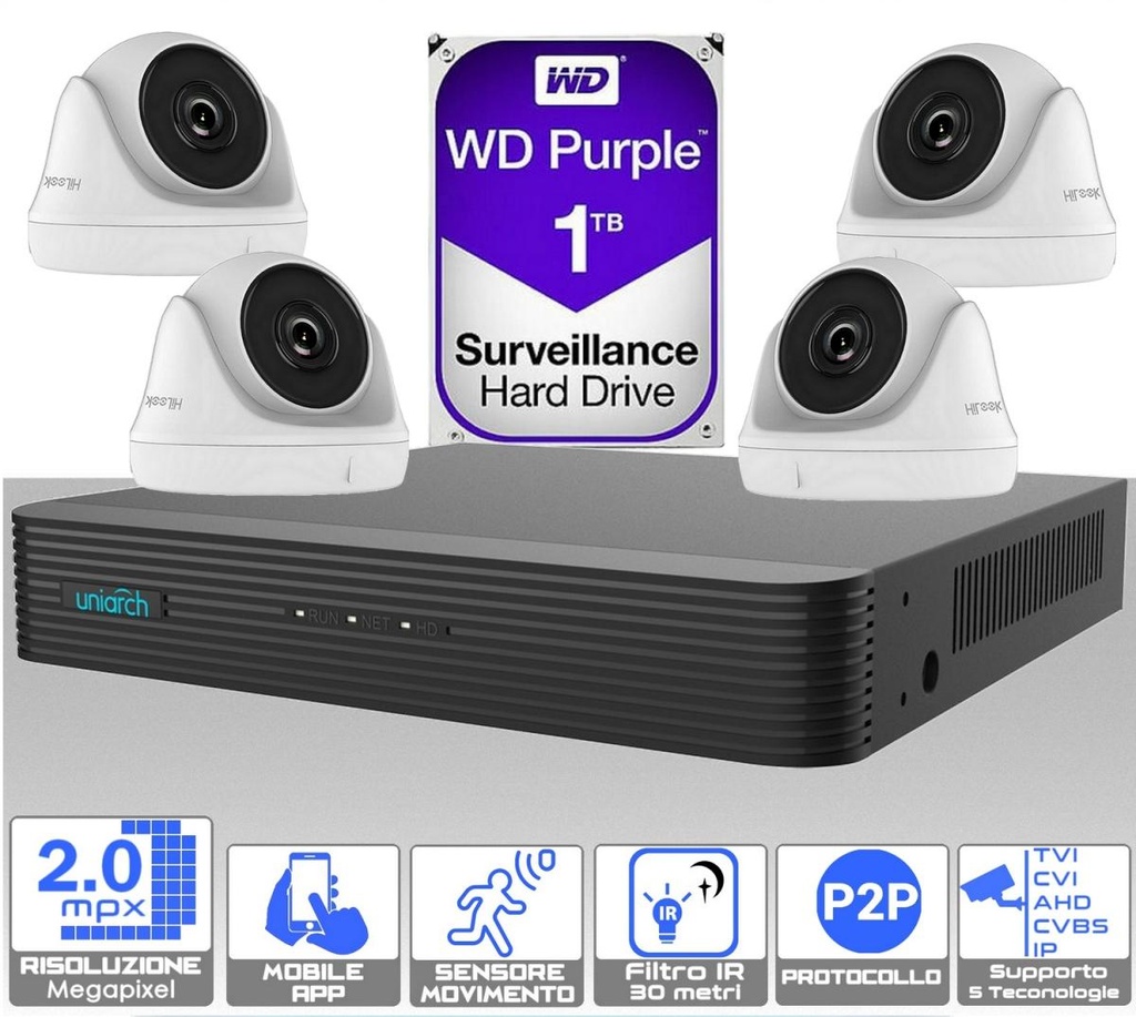 Kit videosorveglianza da esterno 4 telecamere dome 2.0 megapixel e dvr con hard disk