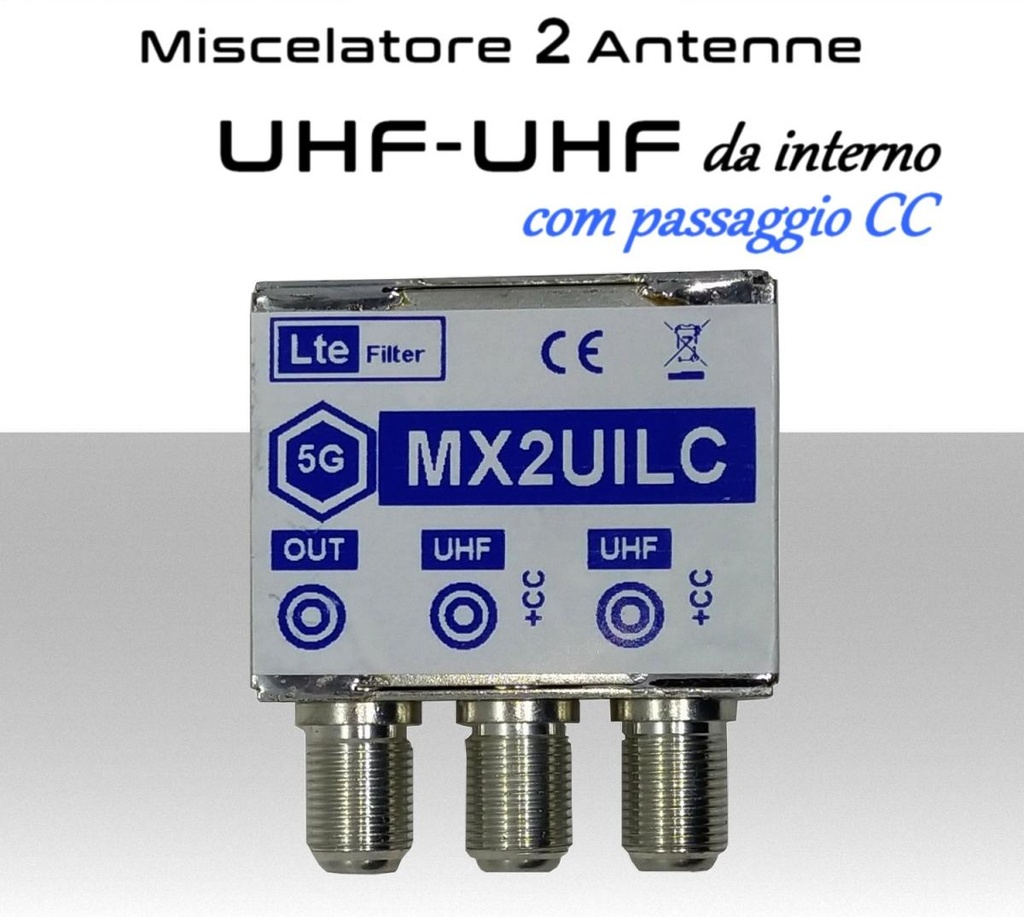  Miscelatore antenna TV a 2 ingressi UHF- UHF con passaggio DC contenitore schermato LTE