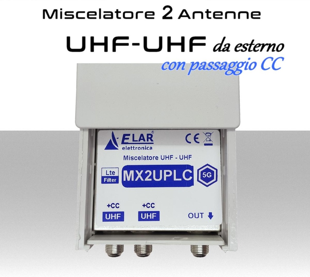 Miscelatore antenna TV a 2 ingressi UHF- UHF da palo con passaggio DC - Contenitore schermato anti LTE