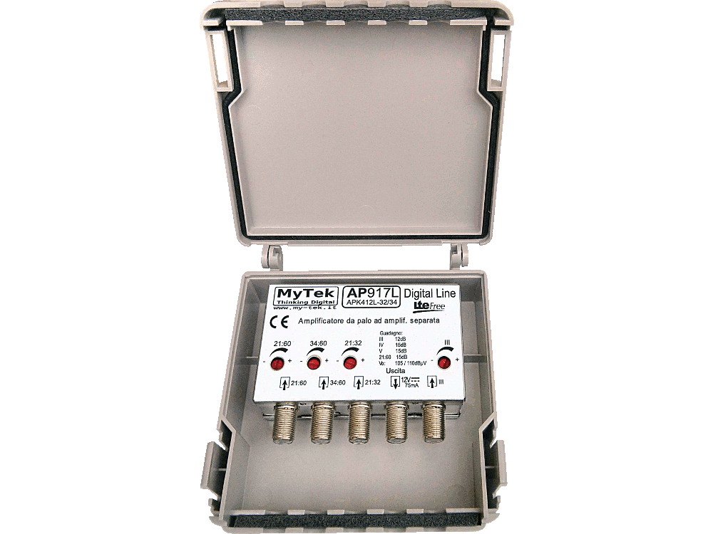 Amplificatore da palo 4 ing III  -  21:32  -  34:48  -  21:48 15dB 4R 105/110dBuV - LTE 5G