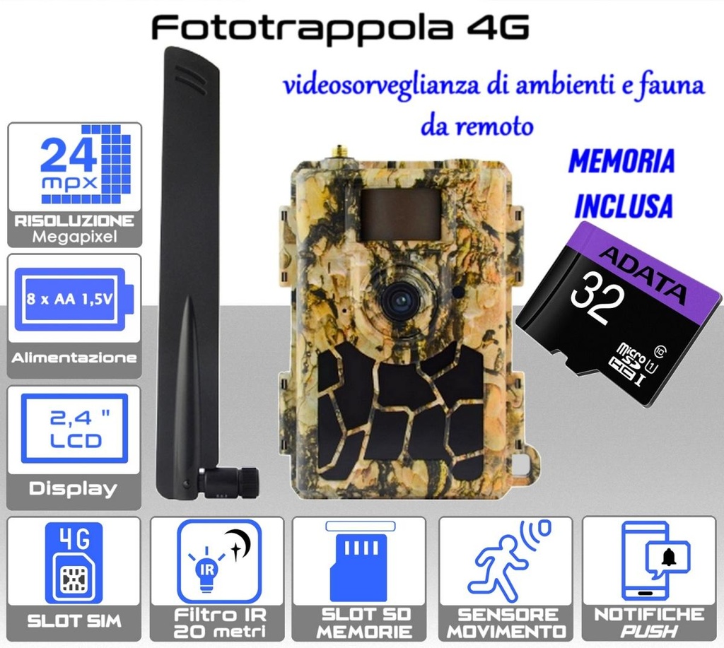 Fototrappola con sim slot 4G LTE risoluzione foto 24MP con DISPLAY