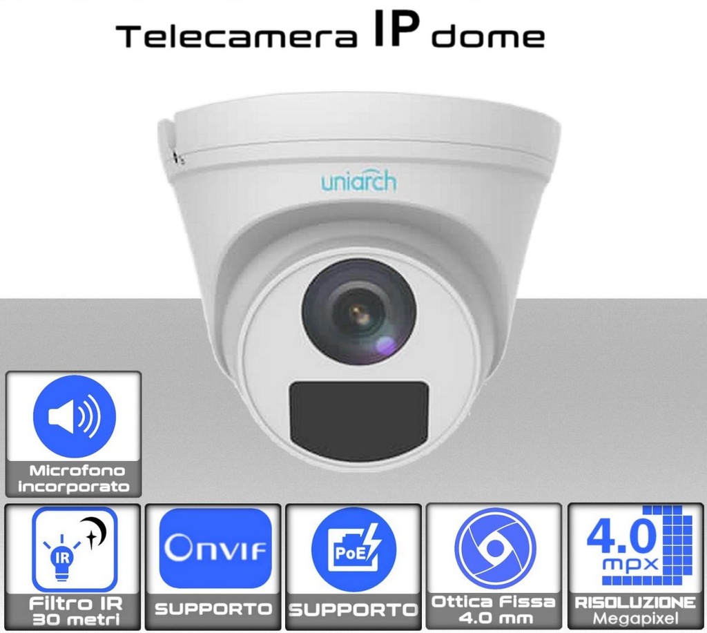 Telecamera IP Dome 4MP da esterno PoE con ottica fissa da 4.0 mm e microfono incorporato Uniarch