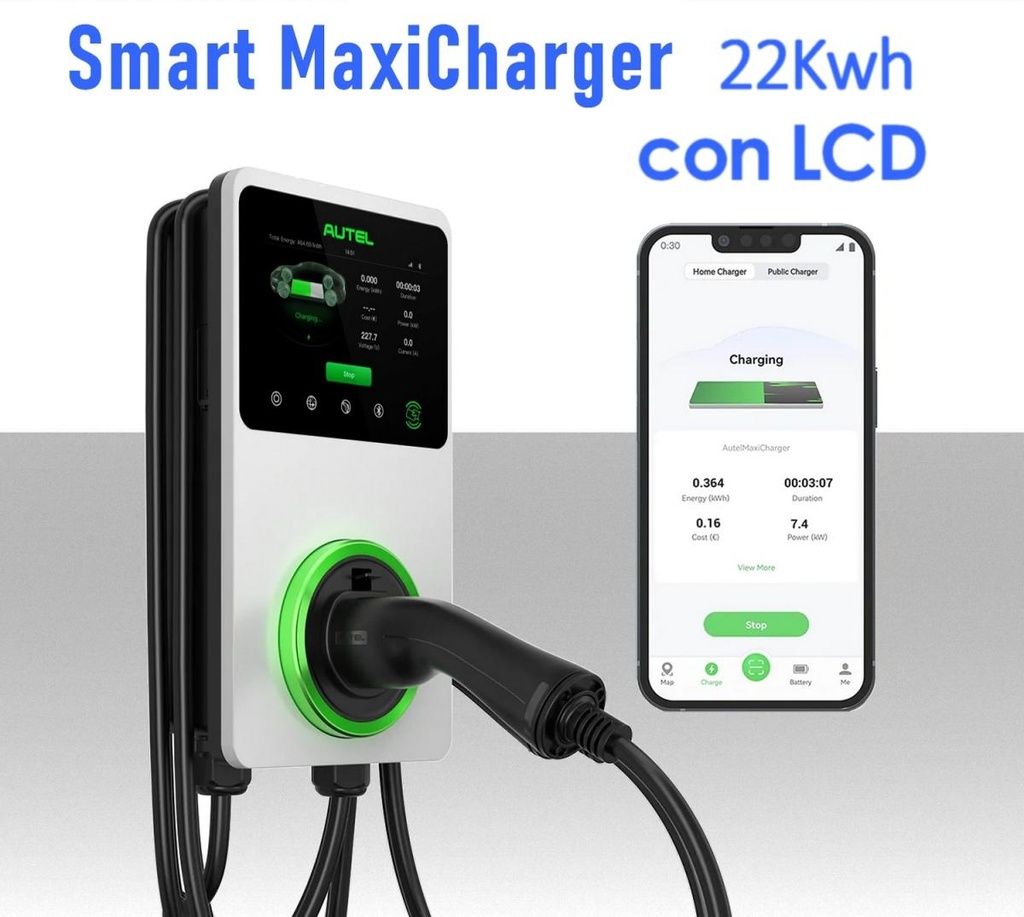 Colonnina ricarica auto elettriche 22Kwh 32A IP65 WallBox Autel con cavo LCD WI-FI Bluetooth Ethernet 4G 