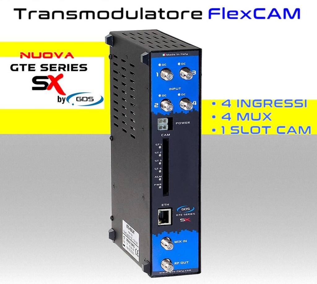 Transmodulatore GDS serie GTE-SX a 4 ingressi SAT multistream 1 slot FlexCAM