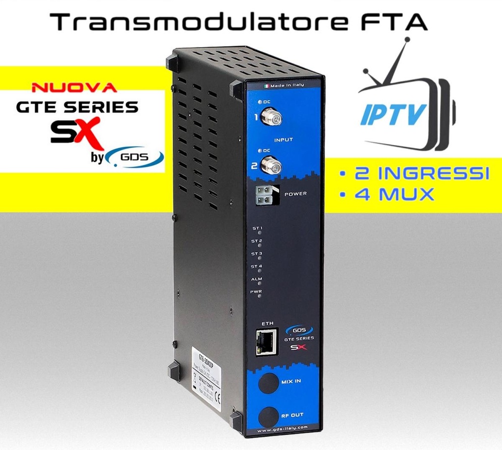 Transmodulatore IPTV serie GTE-SX a 2 ingressi SAT multistream canali FTA IP