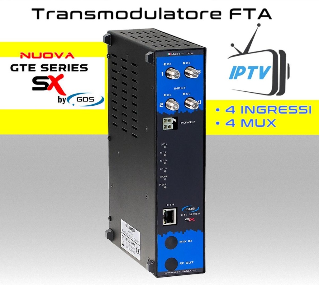 Transmodulatore IPTV serie GTE-SX a 4 ingressi SAT multistream canali FTA IP