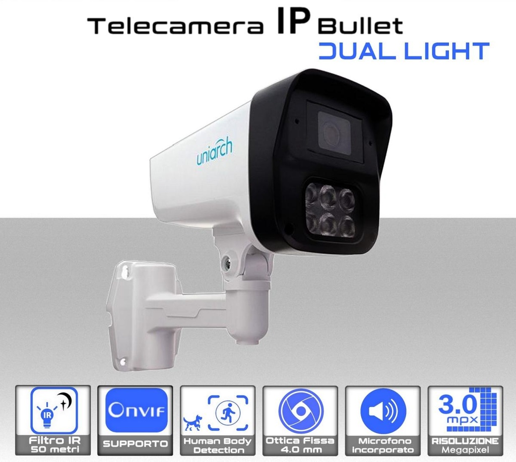 Telecamera IP Bullet PoE Onvif 3MP Ottica 4 mm con FARI Uniarch
