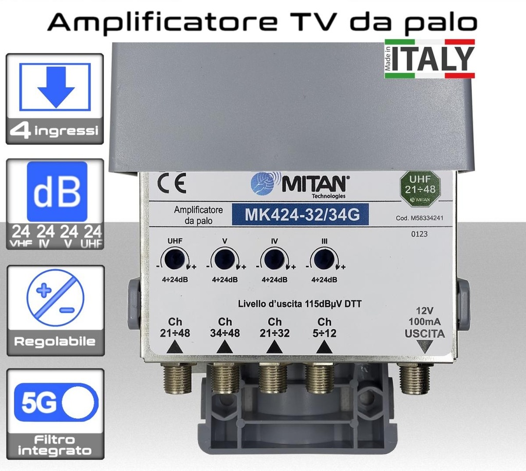 Amplificatore antenna TV 4 ingressi VHF-IV-V-UHF 24dB Mitan MK424-32/34G