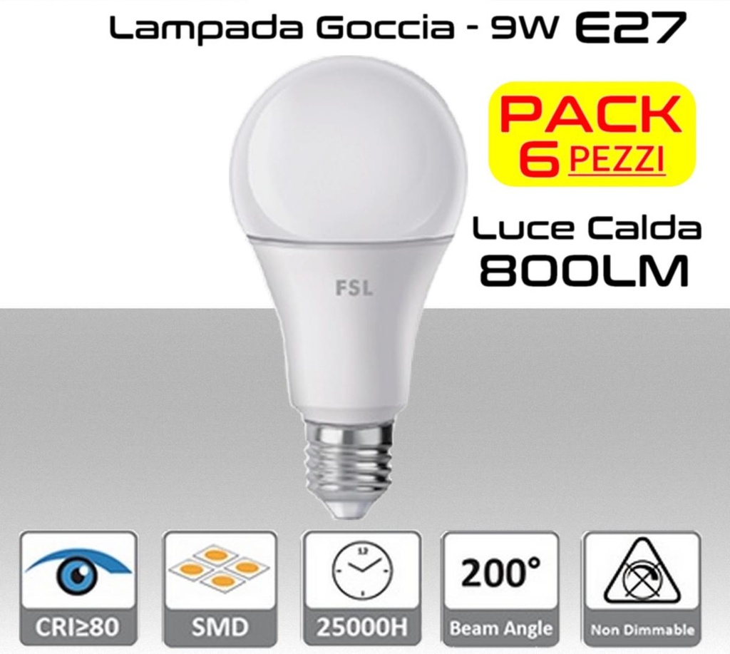 Lampadina LED a goccia 9W luce calda E27 800 lumen PACK 6 PZ.