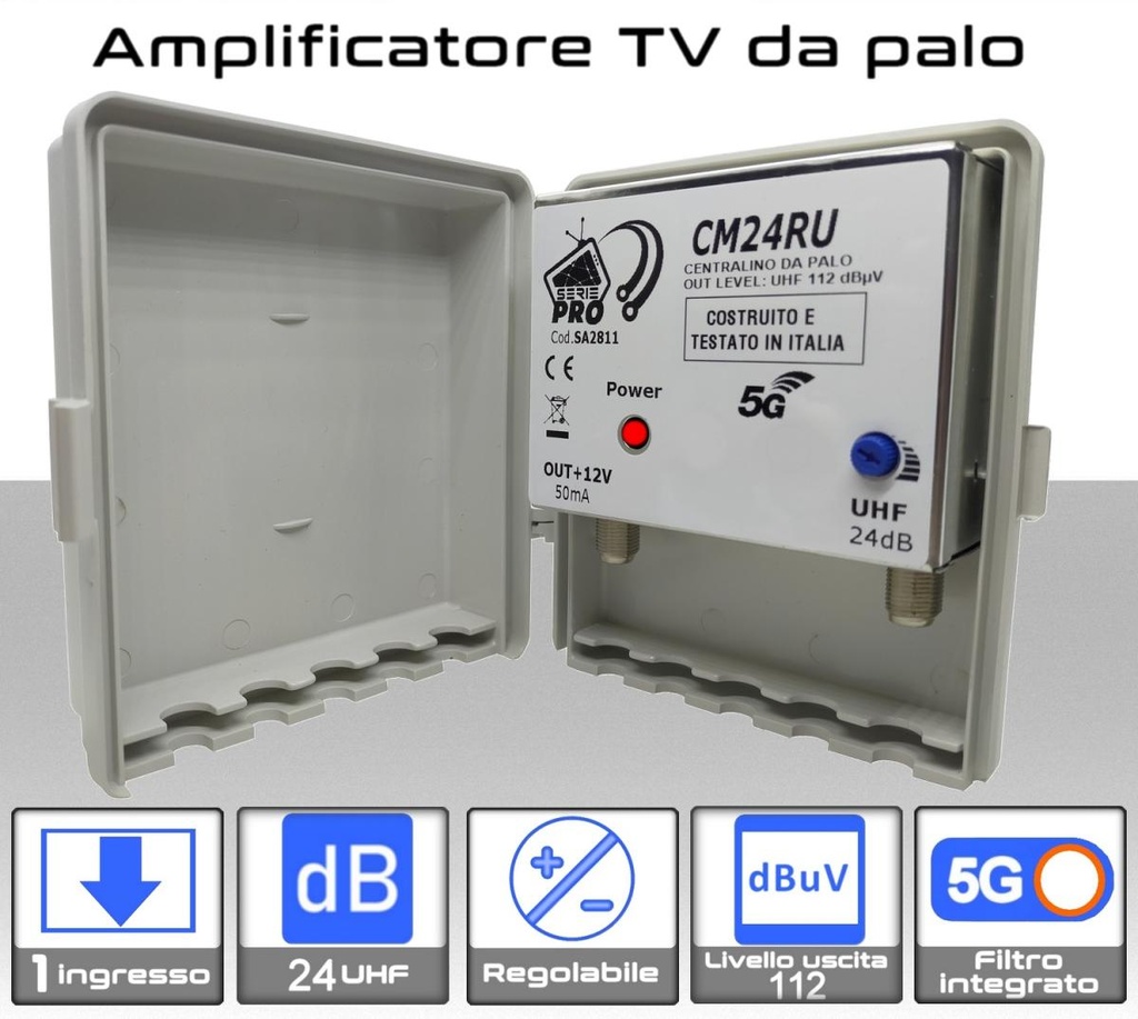 Amplificatore antenna TV 1 ingresso UHF 24dB regolabile Serie PRO