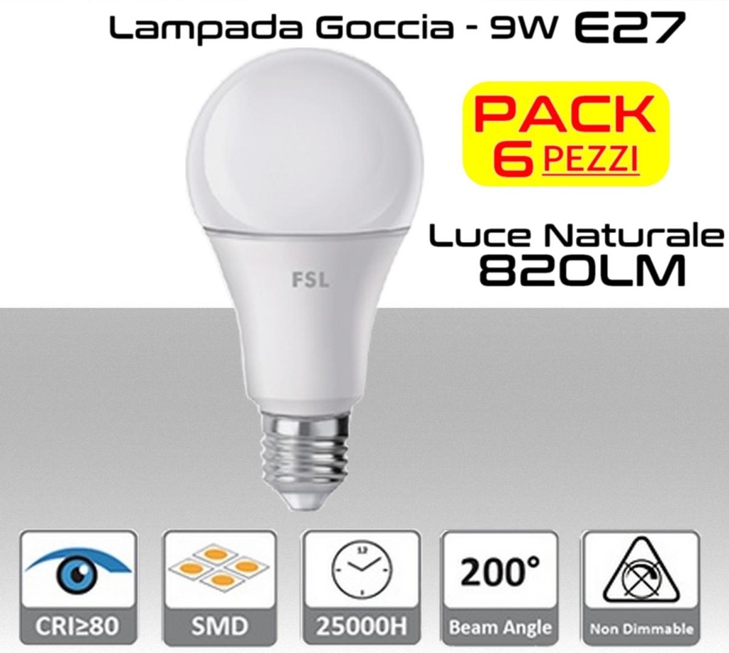  Lampadina LED a goccia 9W luce naturale E27 820 lumen PACK 6 PZ.
