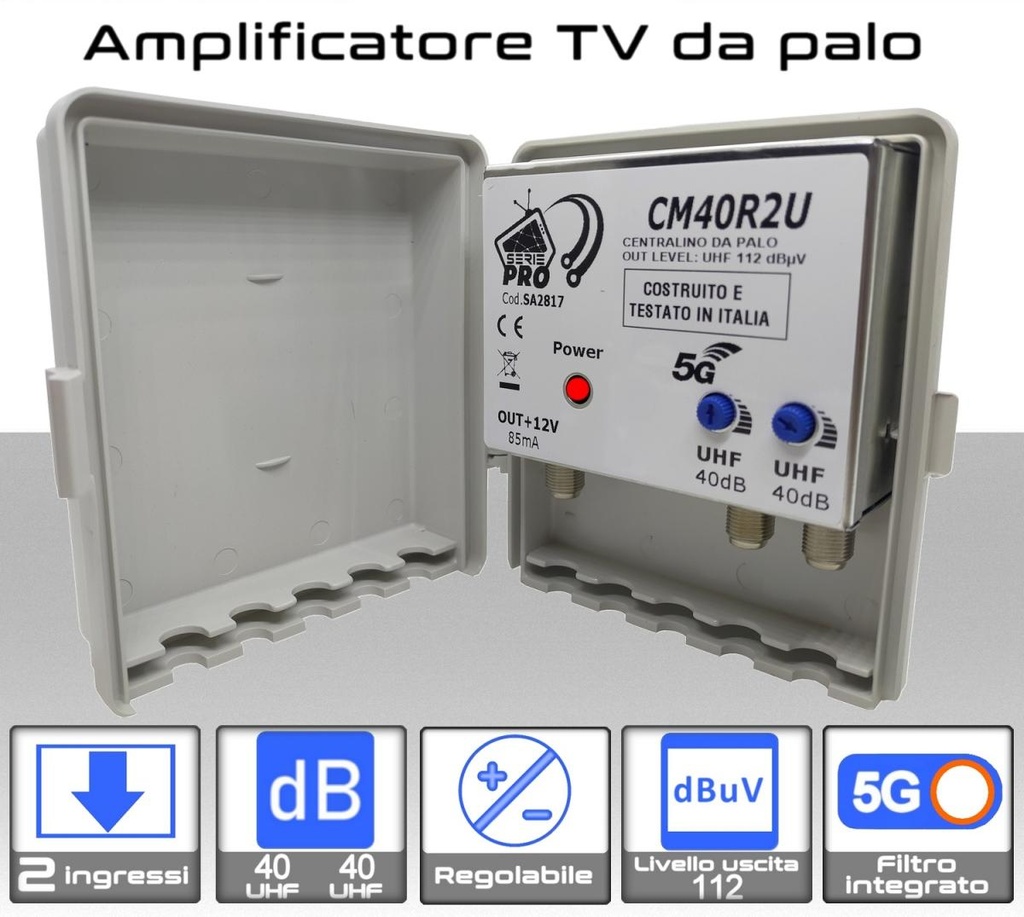 Amplificatore antenna TV 2 ingressi 21:48 / 21:48 40dB regolabile Serie PRO