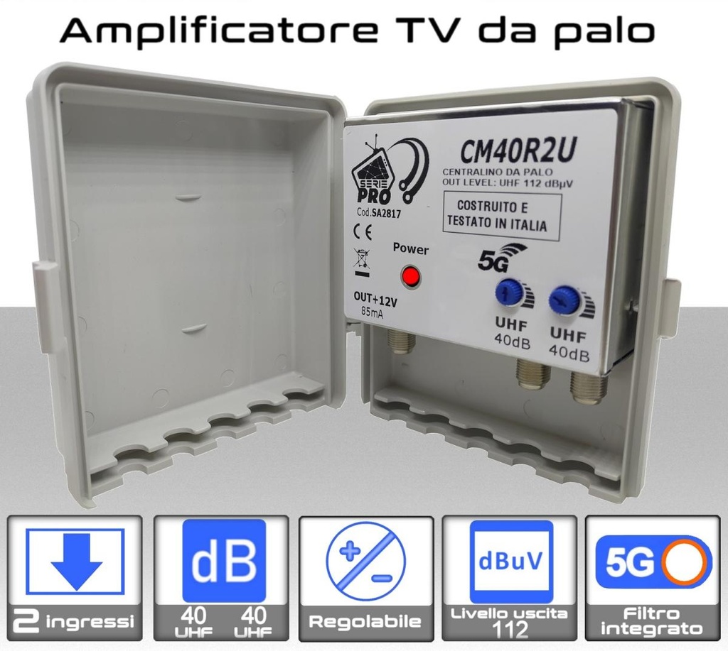 Amplificatore antenna TV 2 ingressi UHF 40dB regolabile Serie PRO