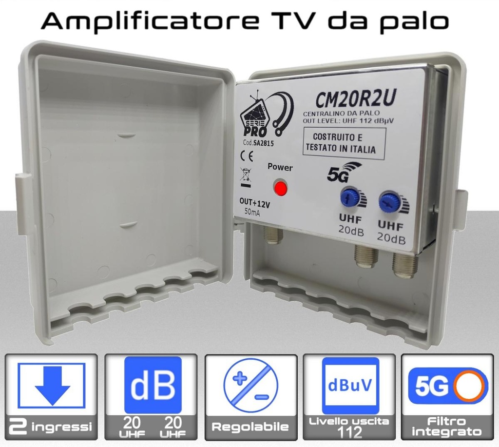 Amplificatore antenna TV 2 ingressi 21:48 / 21:48 20dB regolabile Serie PRO