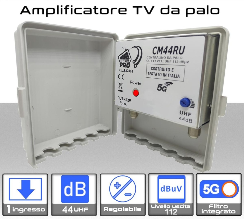 Amplificatore antenna TV 1 ingresso UHF 44dB regolabile Serie PRO