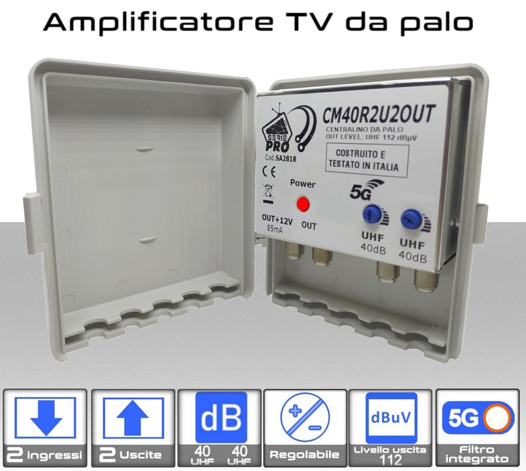 Amplificatore antenna TV 2 ingressi 21:48 / 21:48 40dB regolabile 2 OUT Serie PRO