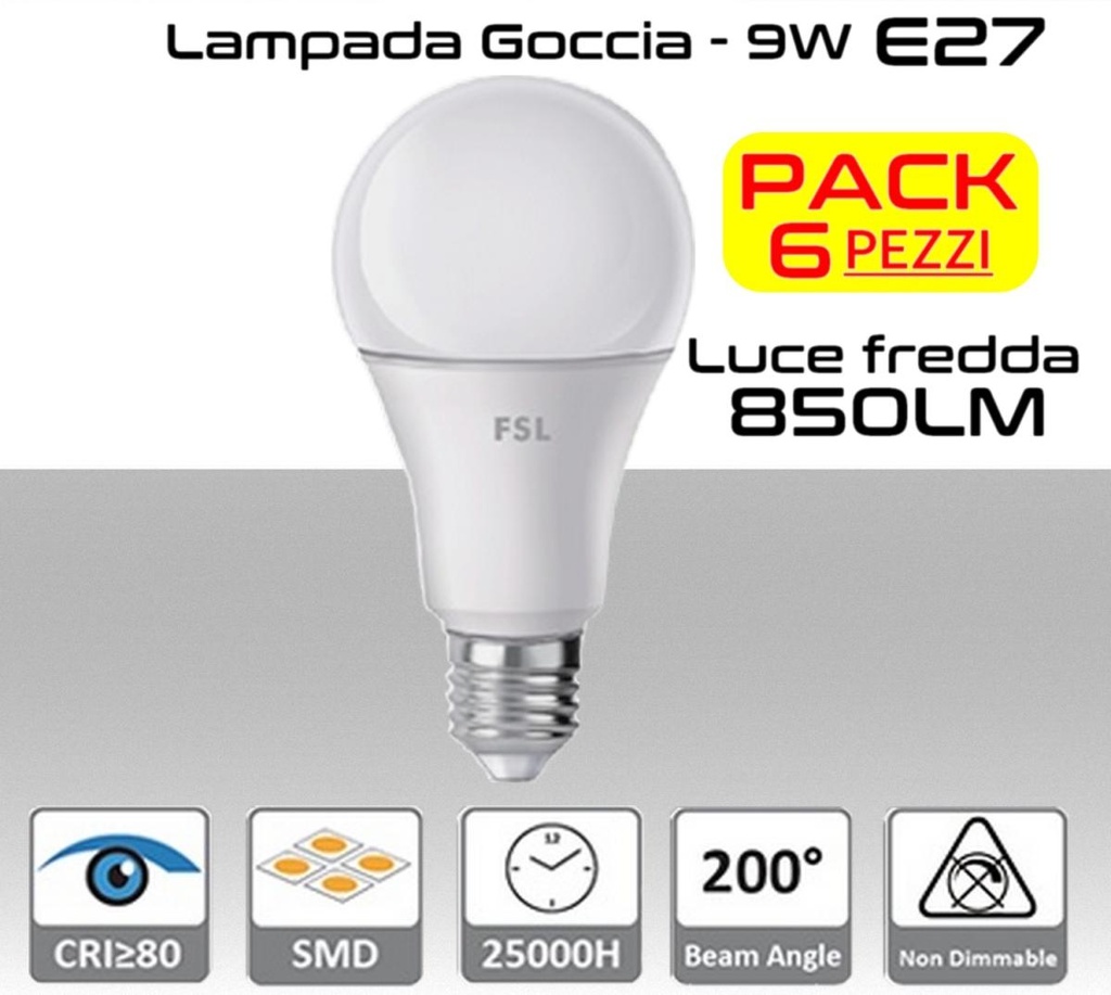 Lampadina LED a goccia 9W luce fredda E27 850 lumen PACK 6 PZ.