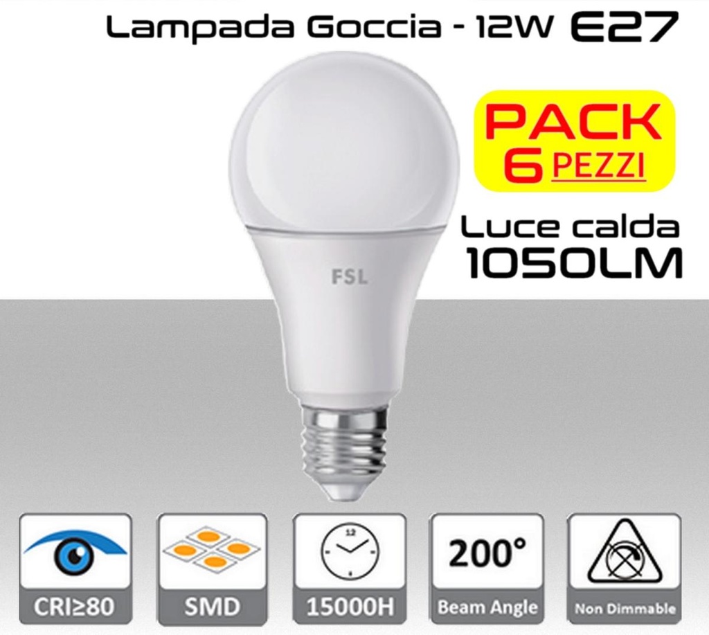 Lampadina LED a goccia 12W luce calda E27 1050 lumen PACK 6 PZ.