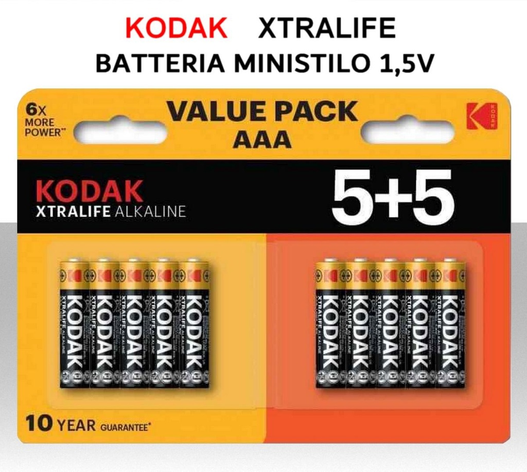 Batterie ministilo alcaline KODAK Xtralife AAA 1,5V Confezione 10pz.