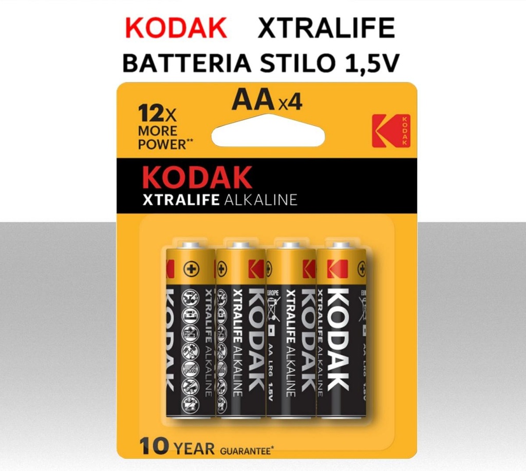 Batterie stilo alcaline KODAK Xtralife AA 1,5V Confezione 4pz.