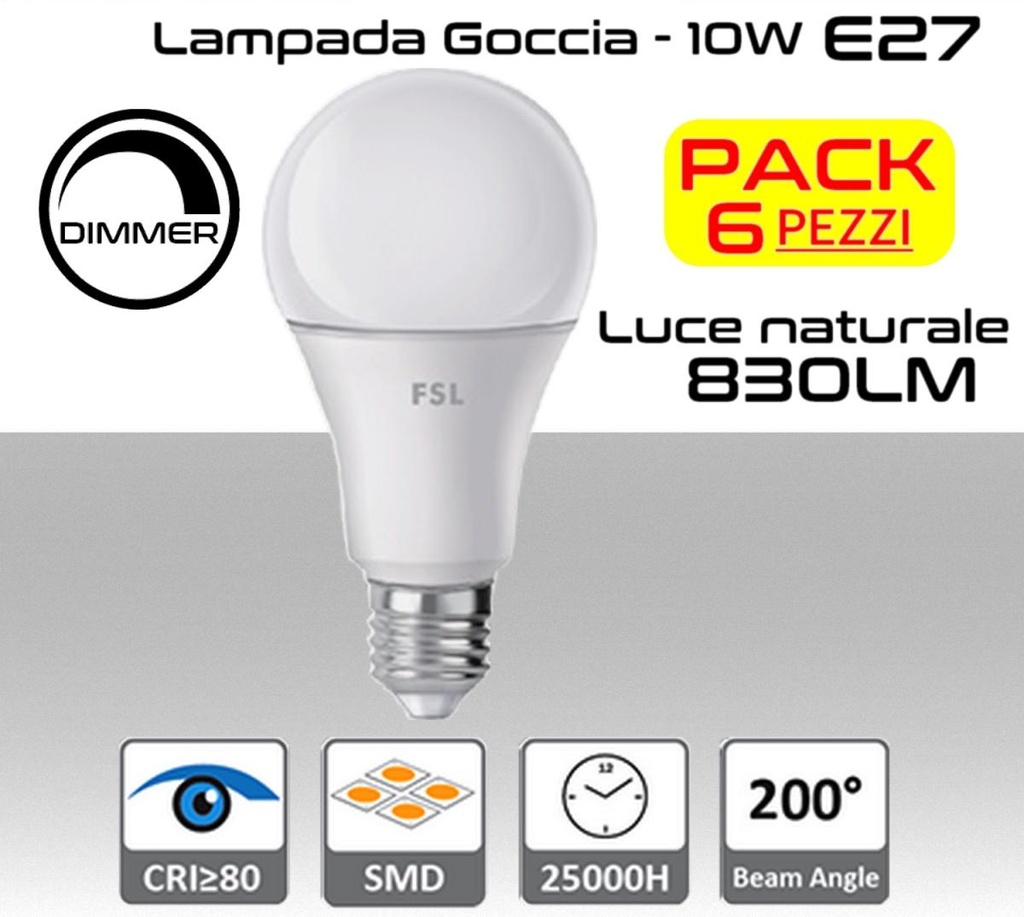 Lampadina LED a goccia 10W luce naturale E27 830 lumen Dimmerabile PACK 6 PZ.